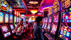 Slot bet 50 in action at a lively casino, showcasing vibrant machines and engaged players.