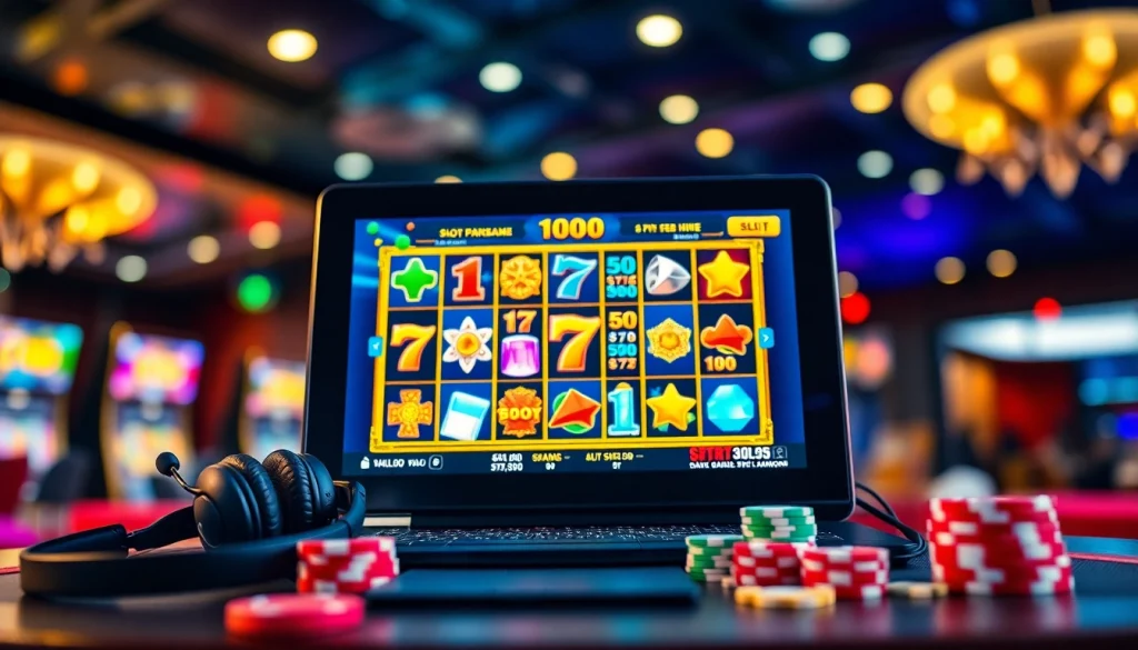 Menampilkan situs slot depo 5k dengan layar mesin slot yang cerah dan aksesori permainan menarik.