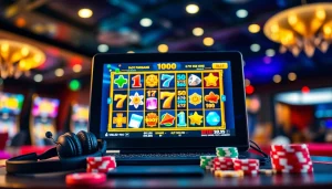 Menampilkan situs slot depo 5k dengan layar mesin slot yang cerah dan aksesori permainan menarik.