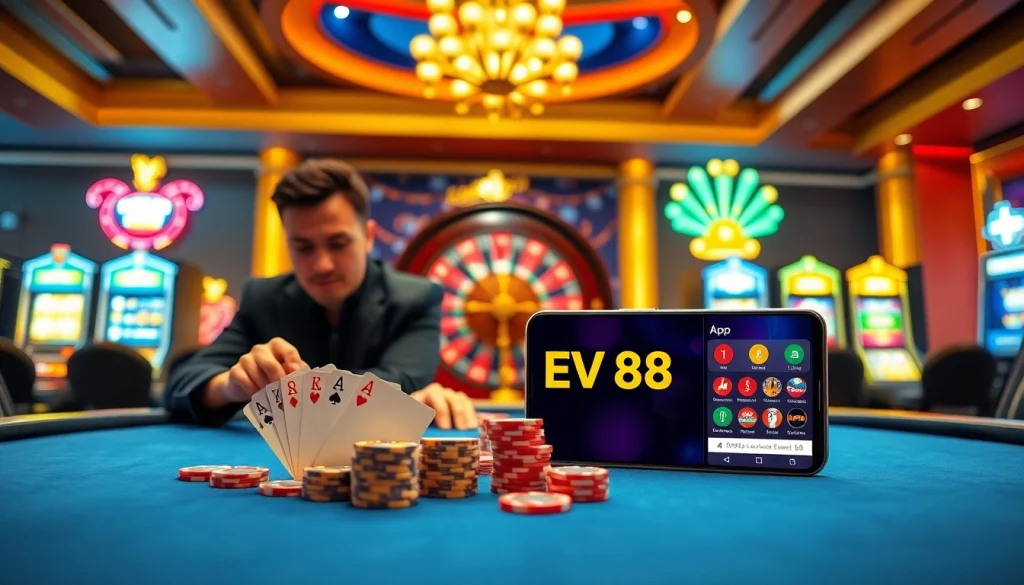 Engaging players experiencing the App EV88 amidst a luxurious casino setting.