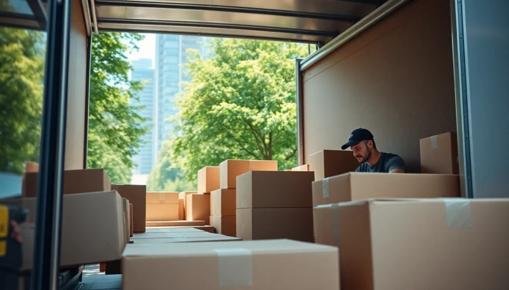 Efficient Vancouver moving company team packaging furniture in an urban setting during a sunny day.
