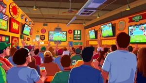 A vibrant sports bar scene showcasing Oklahoma sports betting with enthusiastic fans watching games.