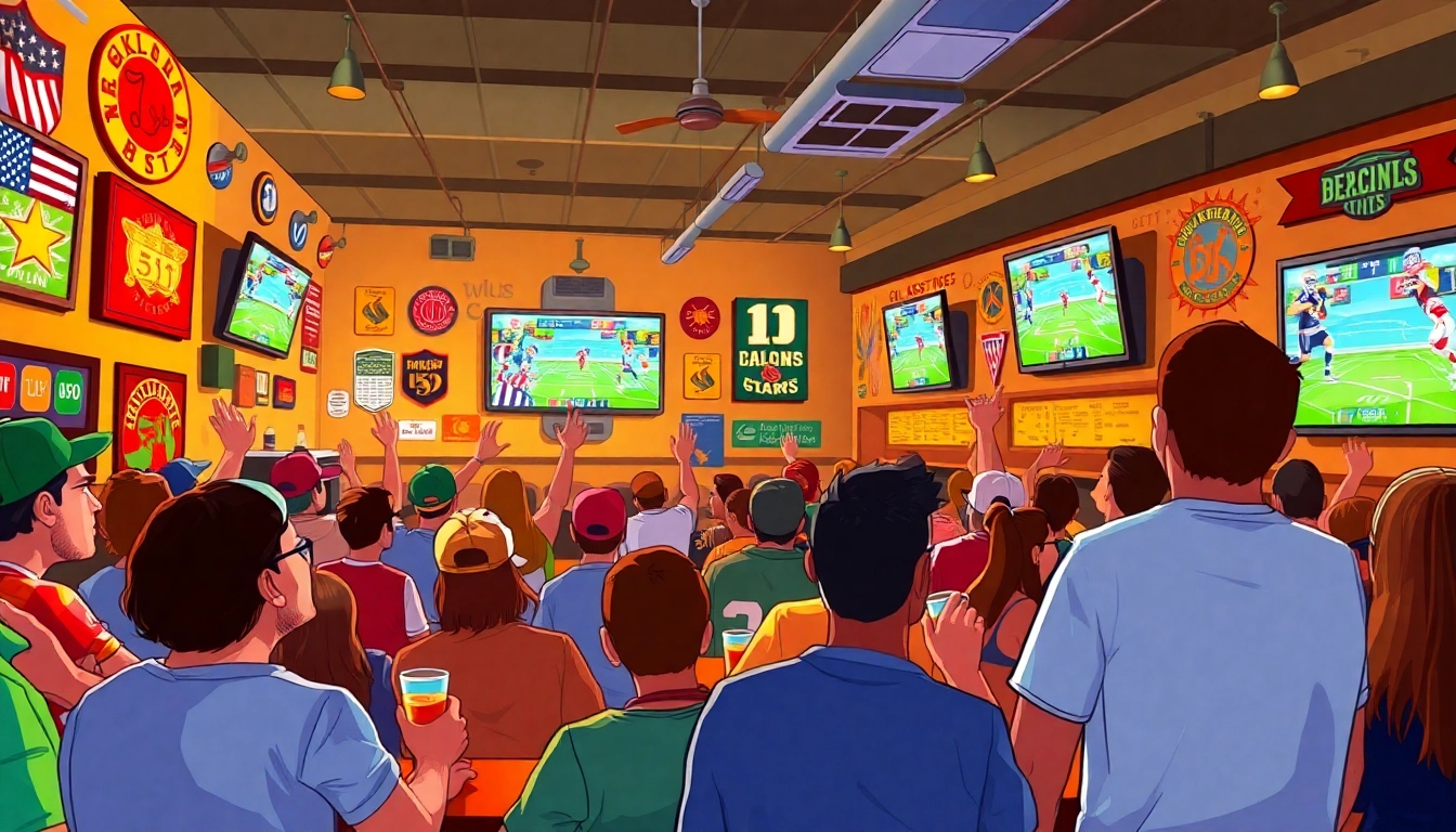 A vibrant sports bar scene showcasing Oklahoma sports betting with enthusiastic fans watching games.