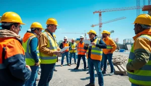 Workers engaging in construction safety training outdoors, emphasizing practical safety measures.