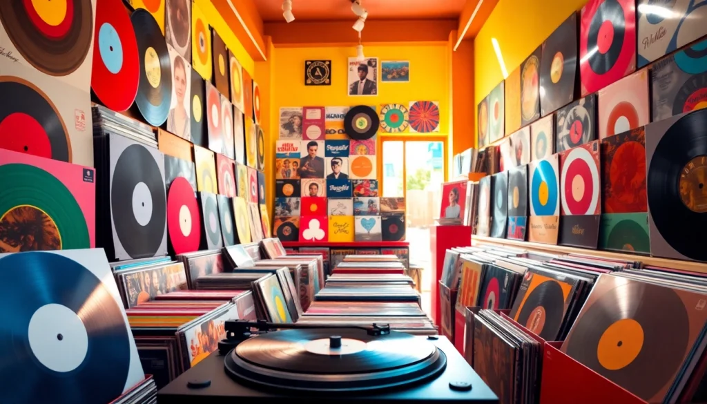 Buy vinyl india with vibrant collection of records in a colorful music store setting.