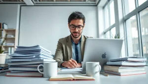 Engaging scene of a professional translator working on tradução juramentada in a modern office setting.