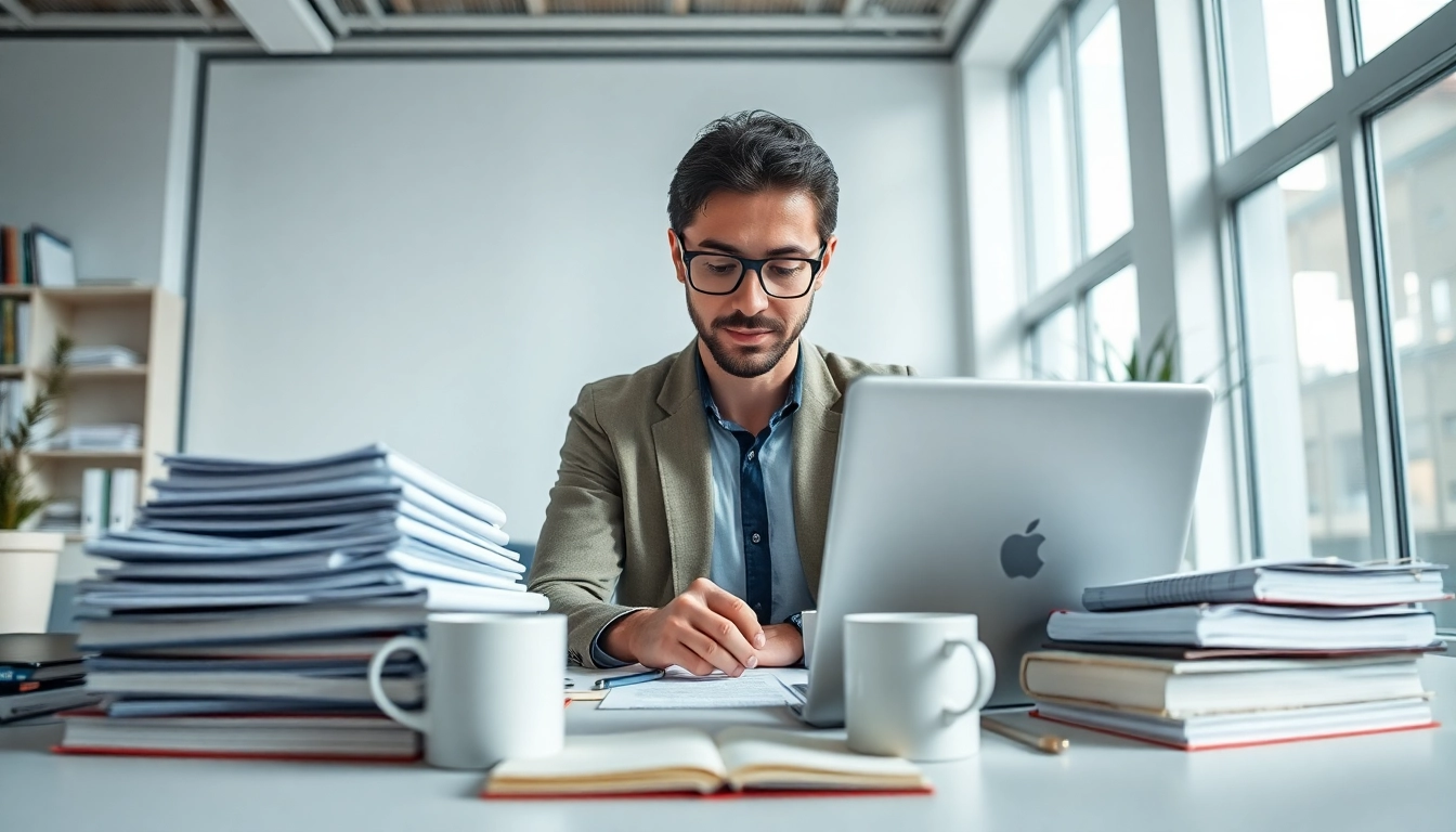 Engaging scene of a professional translator working on tradução juramentada in a modern office setting.