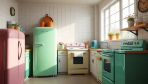Explore retro appliances in a vibrant kitchen setting with charming vintage aesthetics.