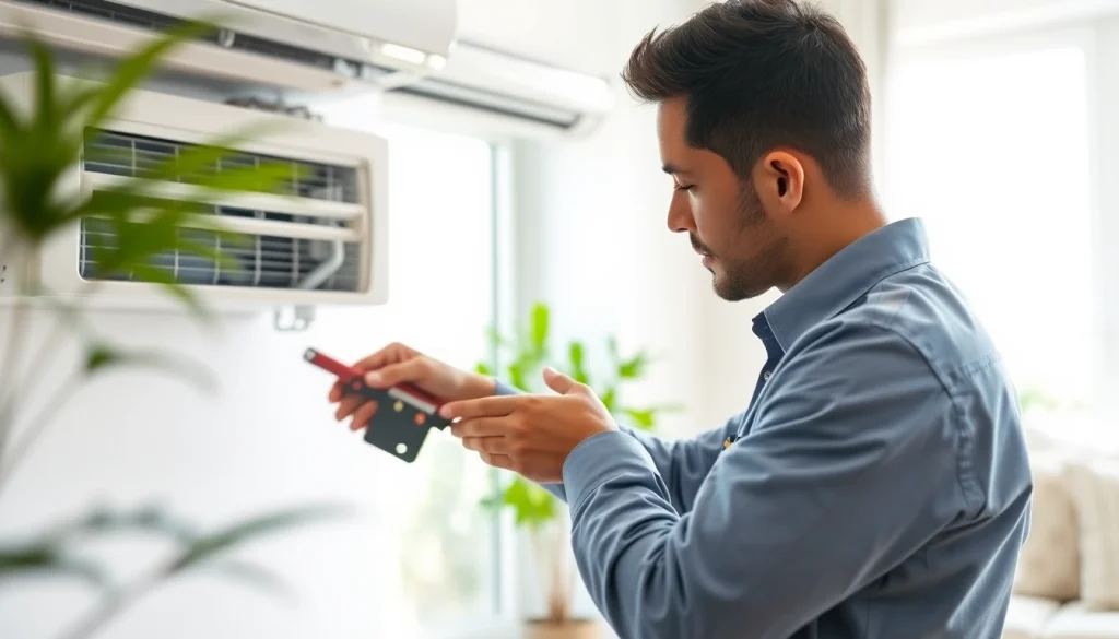 HVAC technician performing AC repair in Glendale AZ residential setting with bright lighting.