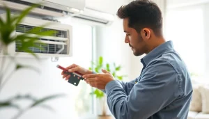 HVAC technician performing AC repair in Glendale AZ residential setting with bright lighting.