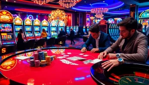 Players engaging in the 슬롯커뮤니티 at a luxurious casino featuring vibrant slot machines.