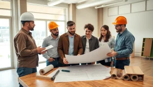 Builders collaborating together, representing the Texas association of builders in a modern office setting.