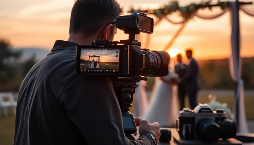 Videographer capturing a wedding ceremony at sunset, showcasing professional skills and emotional atmosphere.