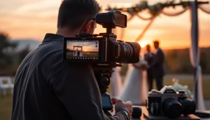 Videographer capturing a wedding ceremony at sunset, showcasing professional skills and emotional atmosphere.