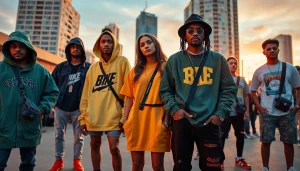 Dynamic scene of urban streetwear fashion showcasing diverse styles and accessories.