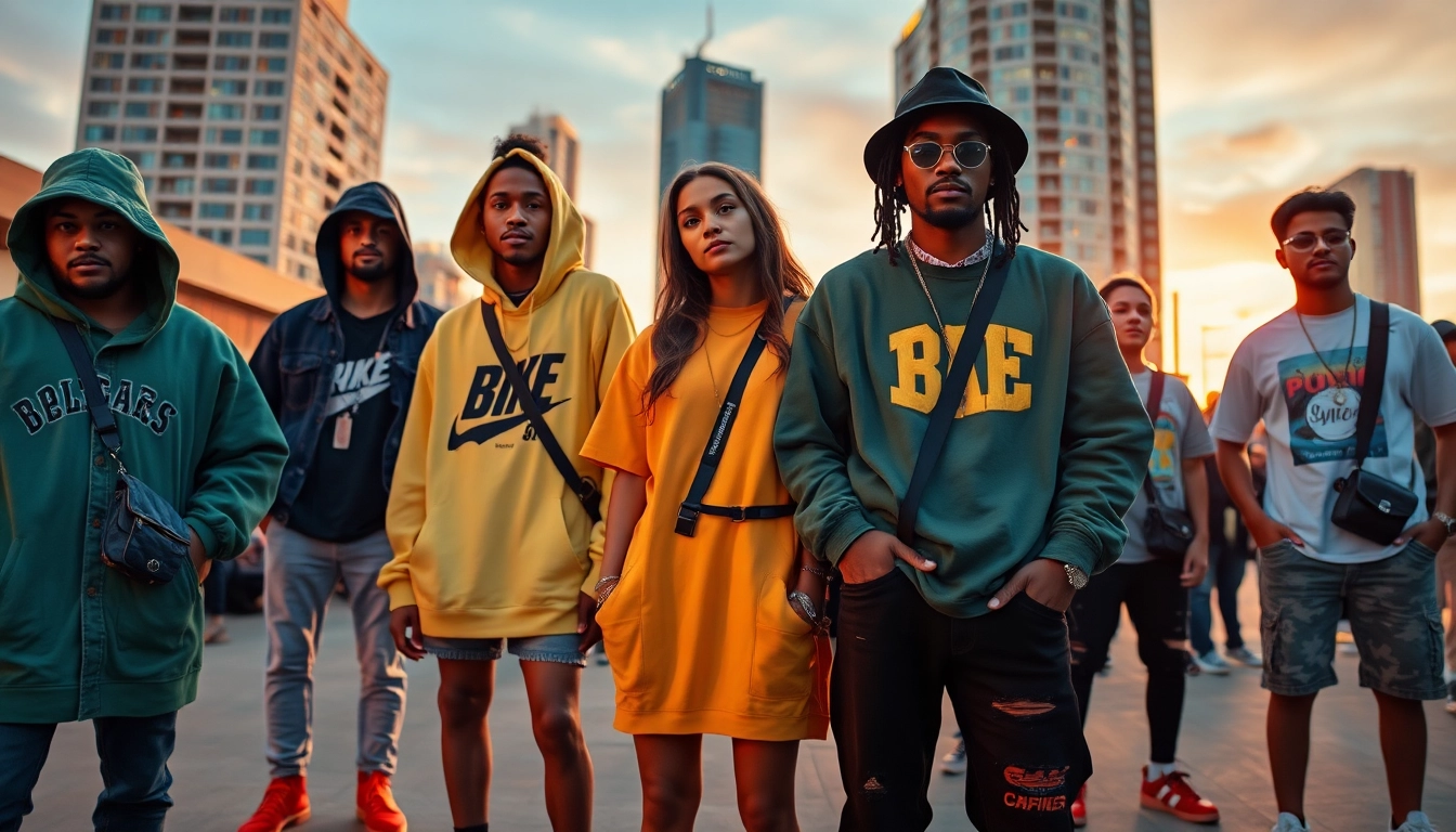 Dynamic scene of urban streetwear fashion showcasing diverse styles and accessories.