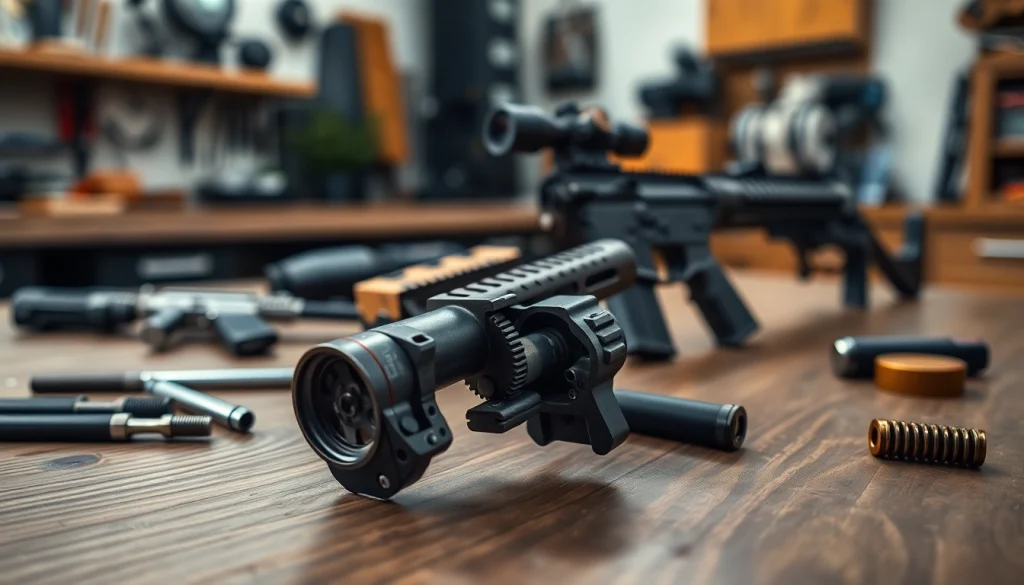 Examine the precision of an AR trigger's design and mechanics in a warm, professional setting.