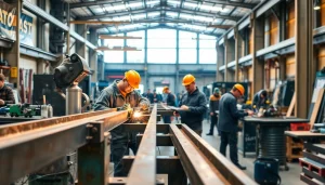 Inside a steel fabrication shop showcasing professionals engaged in welding and metalwork.