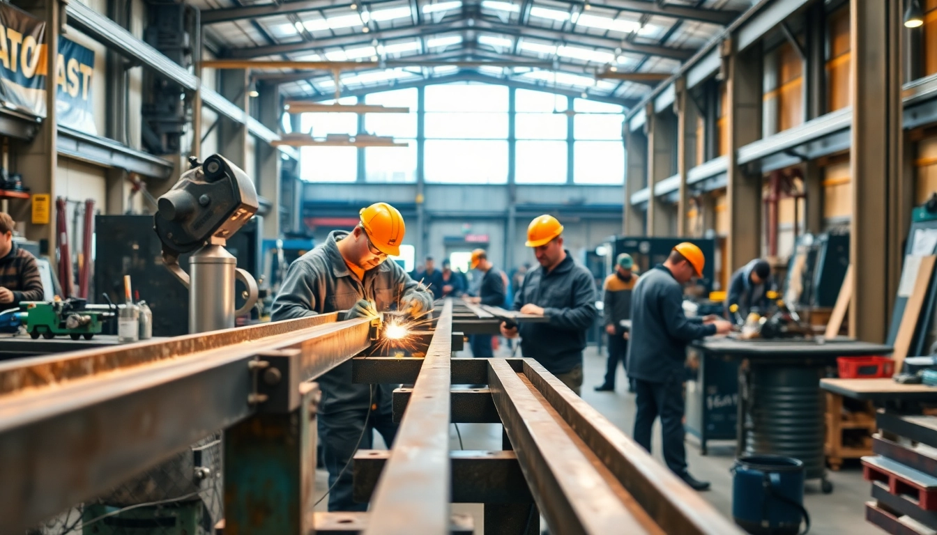 Inside a steel fabrication shop showcasing professionals engaged in welding and metalwork.