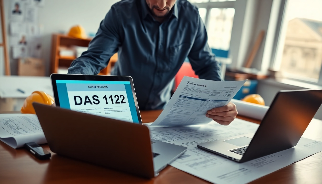 Contractor analyzing DAS 142 form amidst construction documents and plans in a bright environment.