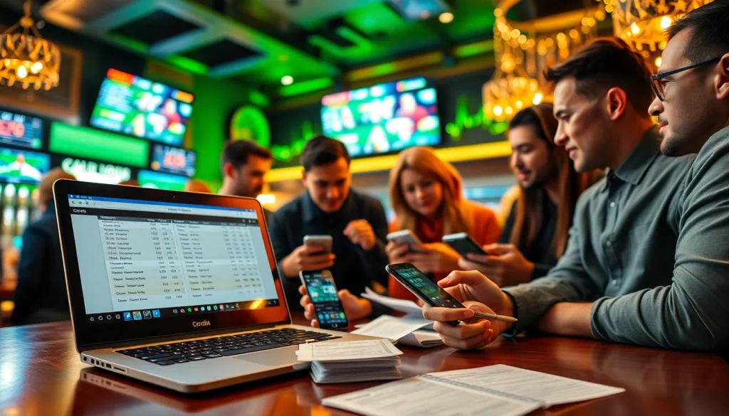 Engaging scene of Canada sports betting featuring fans reviewing odds on devices in a vibrant sports bar.