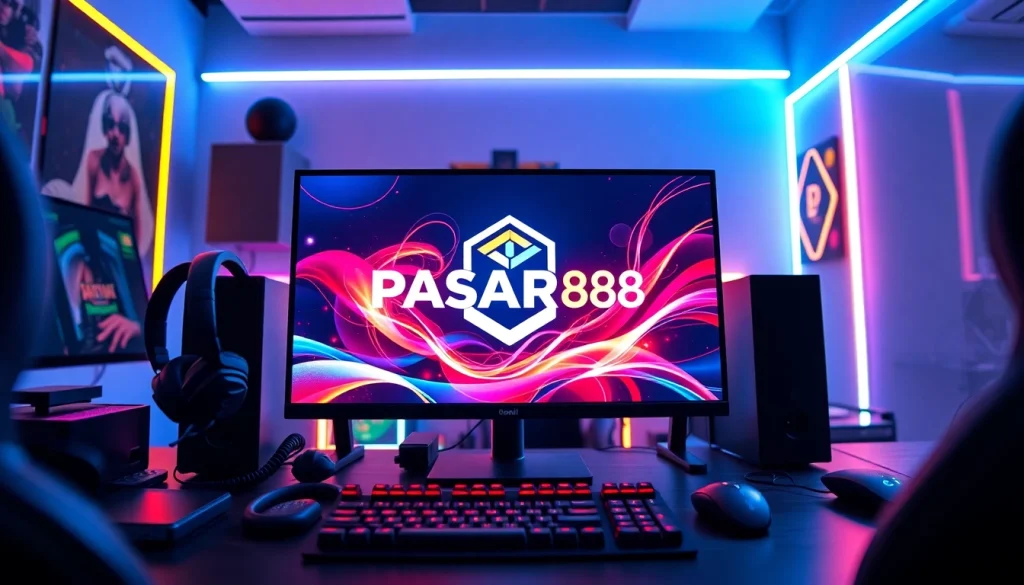 Pasar88 logo on a vibrant online gaming setup showcasing dynamic gaming graphics and accessories.