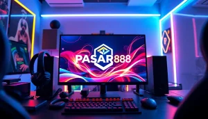 Pasar88 logo on a vibrant online gaming setup showcasing dynamic gaming graphics and accessories.