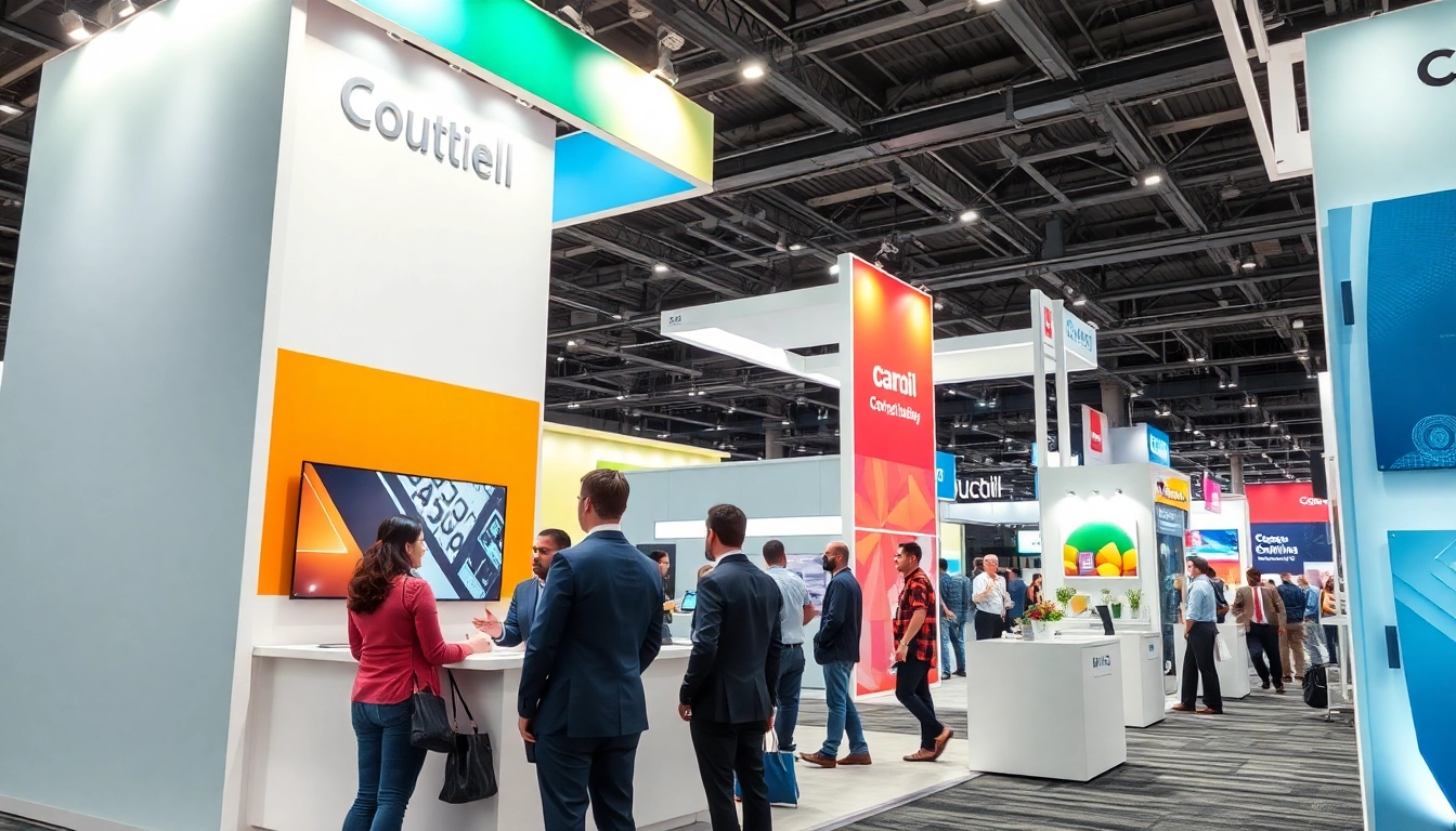 Engaging trade show booth showcasing representatives interacting with attendees in a lively setting.