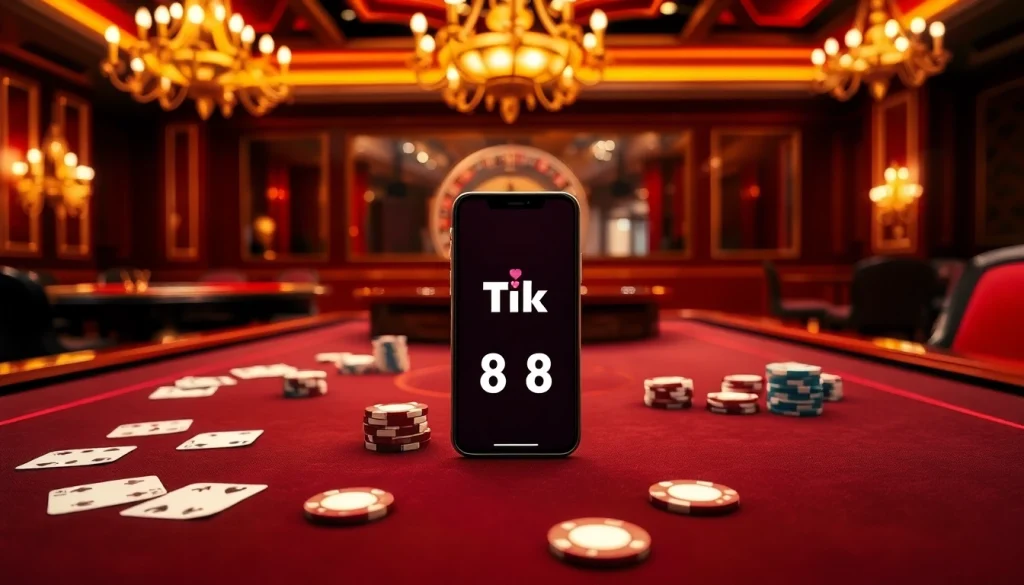 Chơi poker tại Tik 88 với trang trí sòng bạc ấn tượng và màn hình ứng dụng tương tác.