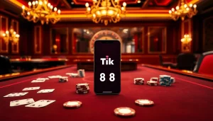 Chơi poker tại Tik 88 với trang trí sòng bạc ấn tượng và màn hình ứng dụng tương tác.