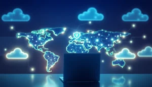 Access secure online experiences with vpn, illustrated in a digital world map.