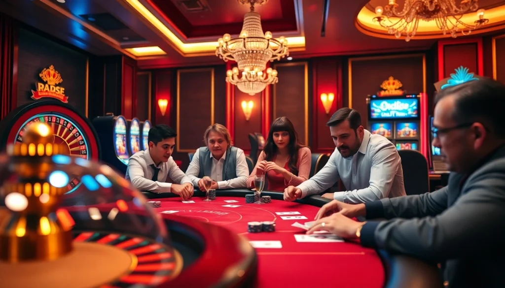 Players engaging at the poker table at https://rr88.wales/, showcasing excitement and casino luxury.