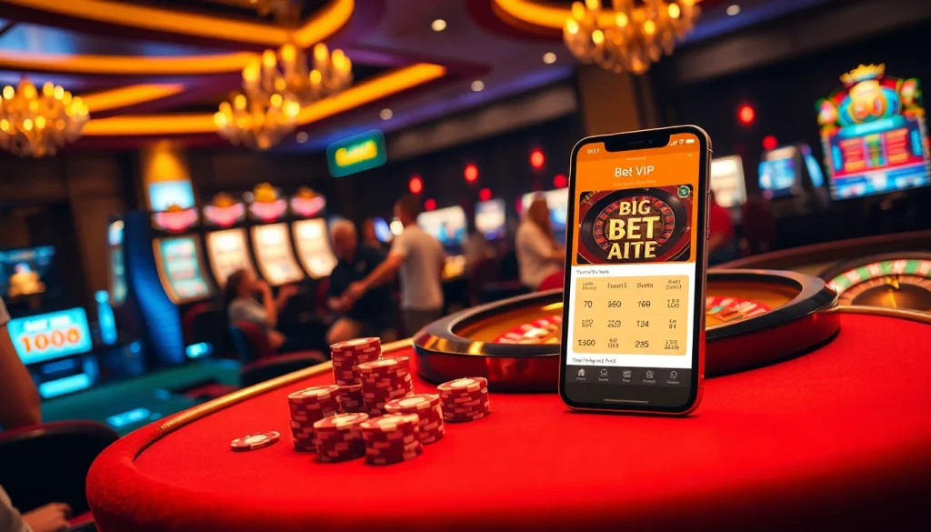 Trải nghiệm sự hứng khởi khi chơi cược với giao diện ứng dụng Bet VIP và các yếu tố casino sống động.