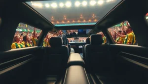 World Cup Group Transportation in a luxury limousine, welcoming fans outside a stadium.