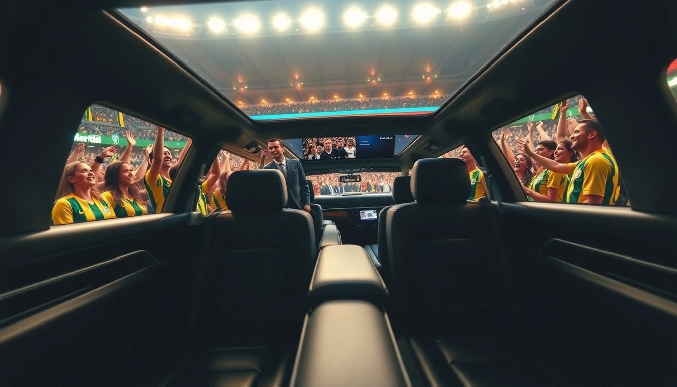 World Cup Group Transportation in a luxury limousine, welcoming fans outside a stadium.