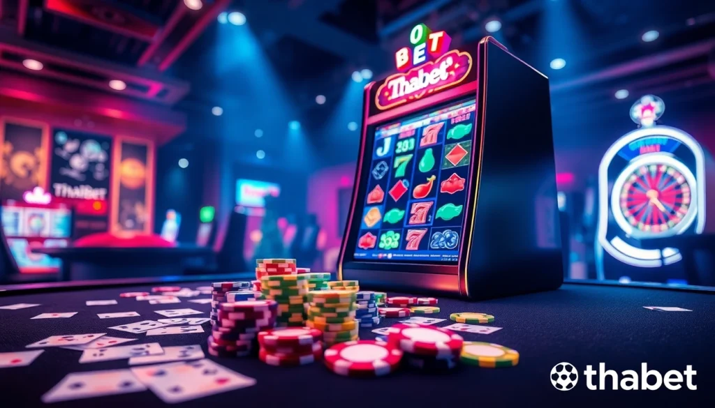 Experience the thrill at Thabet with a vivid casino scene featuring poker chips and a roulette wheel.
