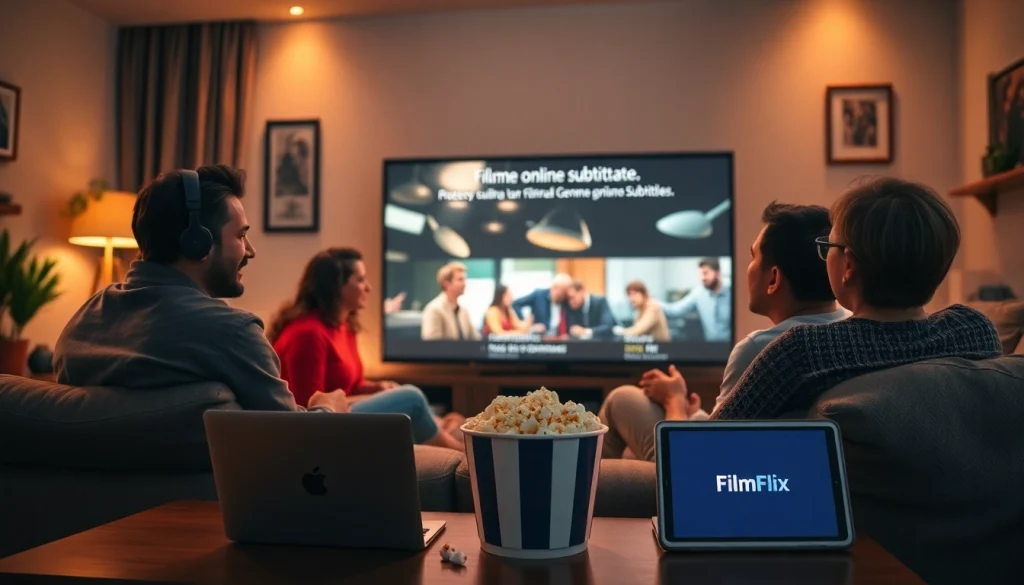 Enjoying filme online subtitrate together as a family in a cozy living room setting.
