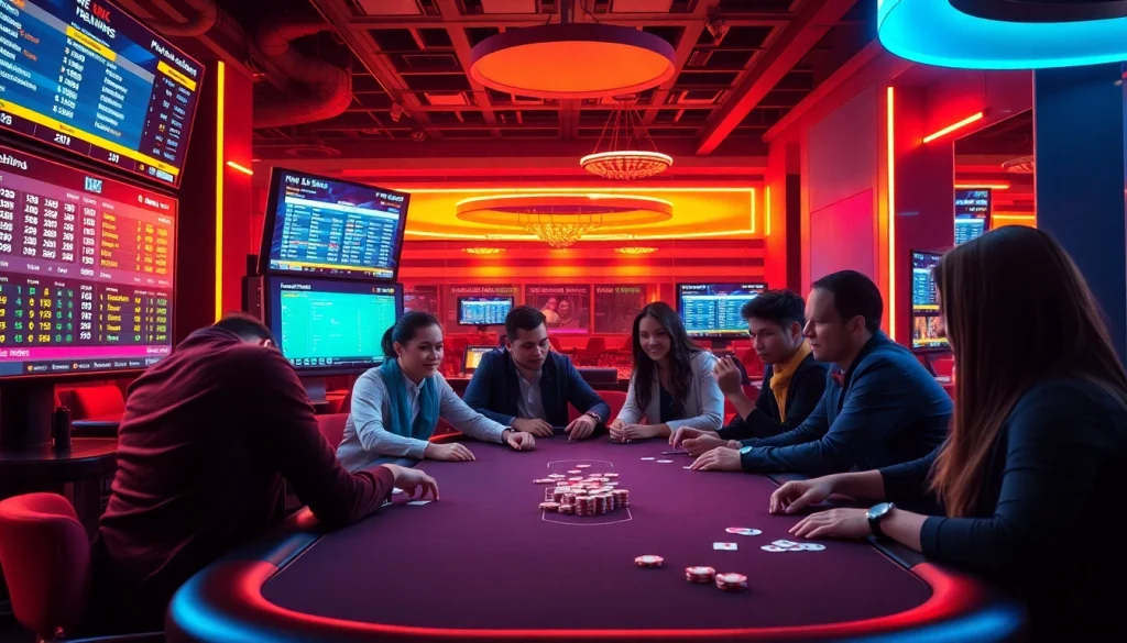 Hello88 online gambling scene with players enjoying a vibrant casino experience amidst betting technologies.