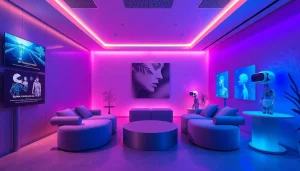AI sex technologies in a modern, intimate lounge setting, showcasing innovative interaction.