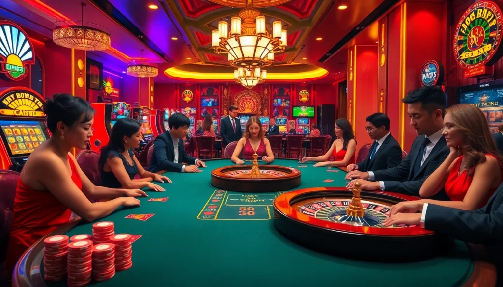 Players enjoying a thrilling poker game at vn88, with vibrant casino elements in the background.