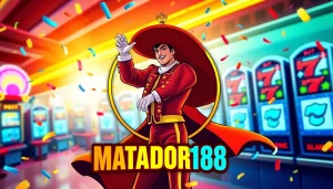 Mensimulasikan permainan matador168 slot dalam suasana kasino yang meriah dengan logo dan simbol slot.