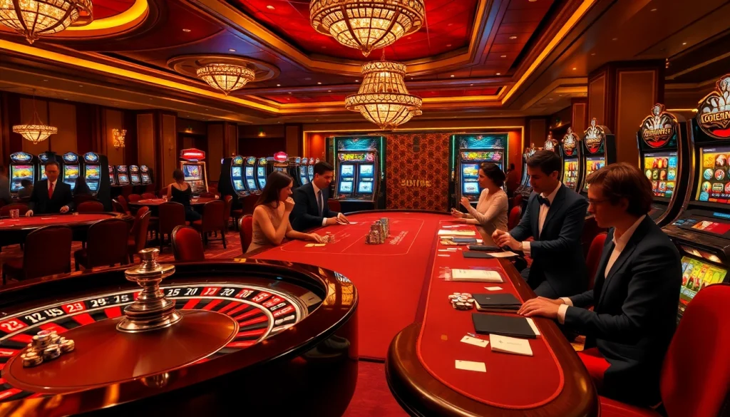 Engage in high-stakes games at s8 com, showcasing vibrant casino elements like poker tables and roulette wheels.