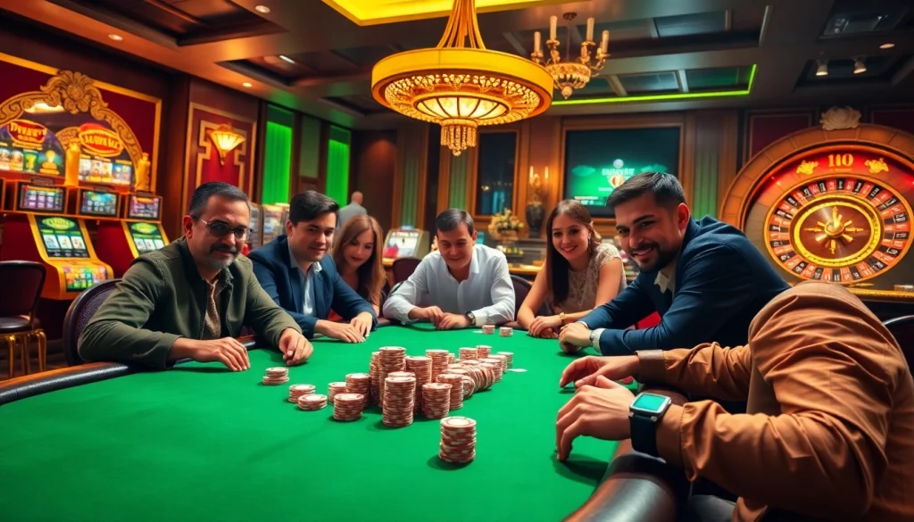 Players enjoying a thrilling poker game at https://f168info.com/, capturing the essence of luxury casino entertainment.