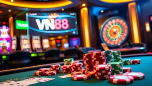 VN88 offers an exhilarating gambling experience with immersive casino tables, vibrant poker chips, and engaging slot machines.