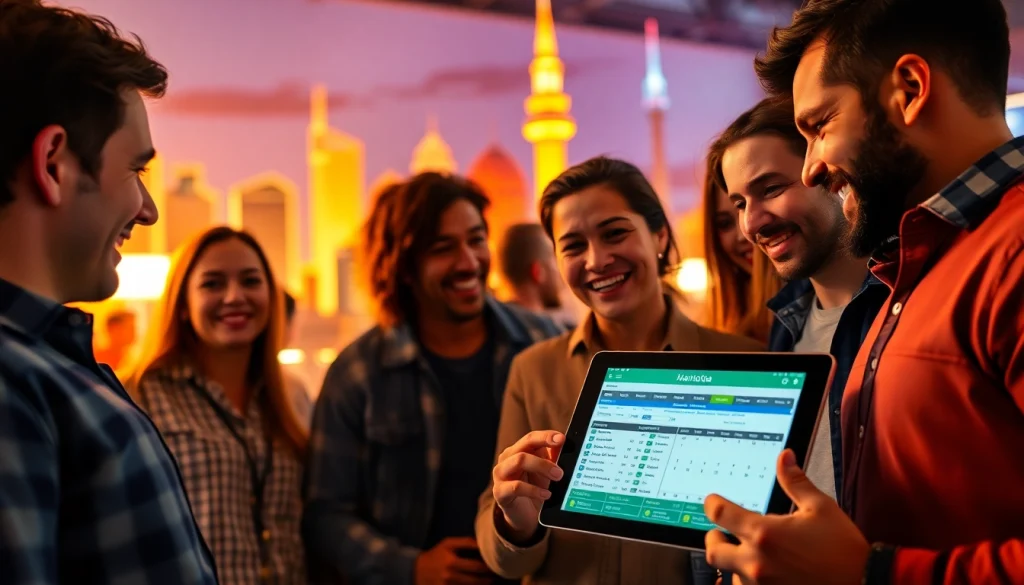 Engaging Manitoba sports betting scene with diverse enthusiasts discussing strategies and a modern tablet interface.