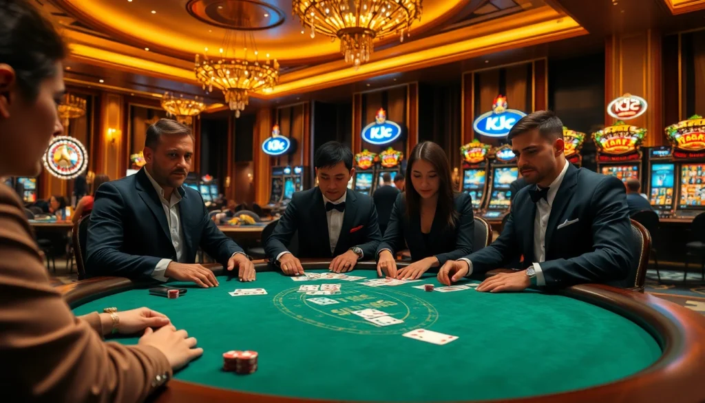 KJC players engaging in a high-stakes poker game at an elegant casino.