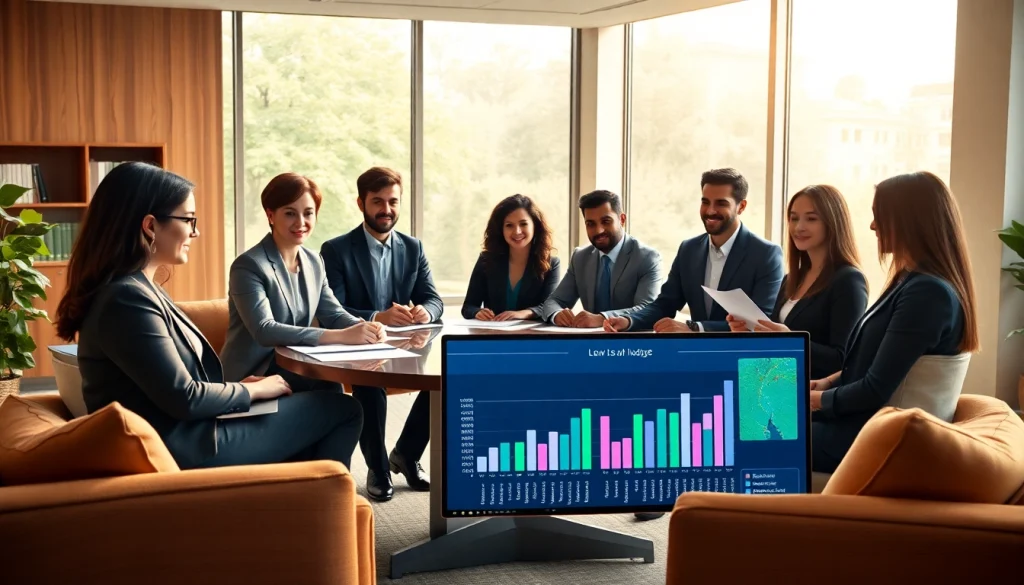 Environmental law firm team collaborating in a bright office setting on sustainable solutions.