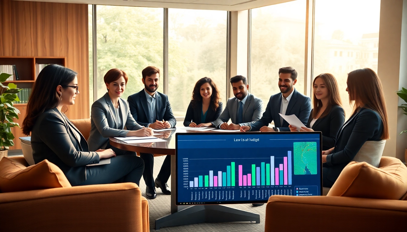 Environmental law firm team collaborating in a bright office setting on sustainable solutions.