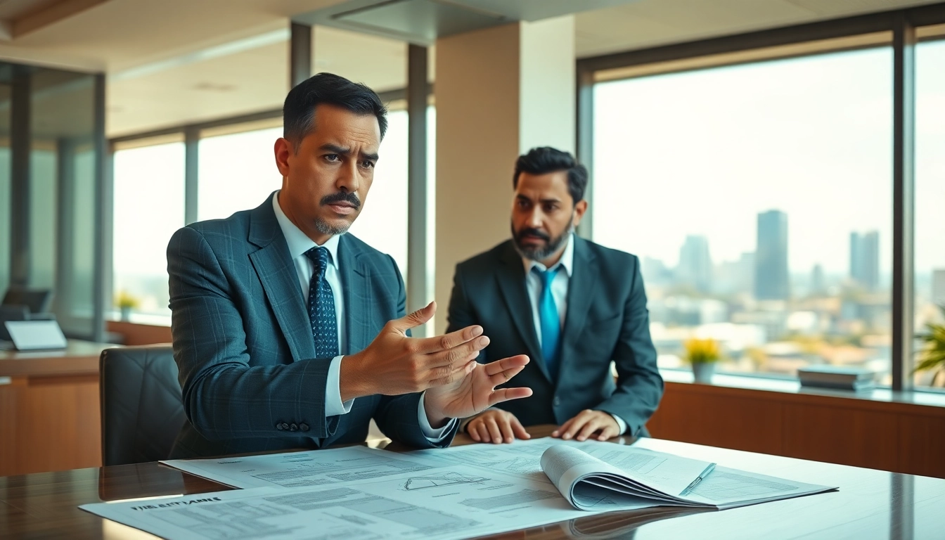 Engaging scene with an eminent domain lawyer advising a client in a modern office.