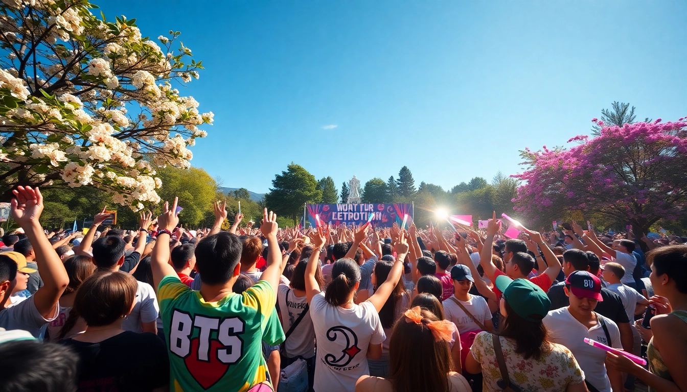 Fans celebrating BTS news at a lively gathering with banners and lightsticks.